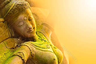 Stucco Face Goddess Sacred With green moss