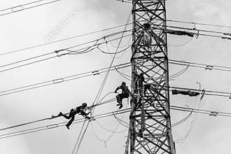 Electricians Hanging Tower Cables Black White
