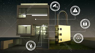 IoT security information graphic icon on smart home,, Smart home appliances, internet of things. night.