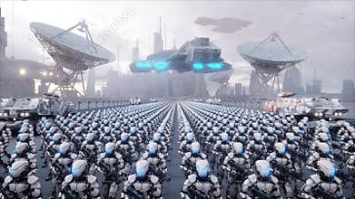 Invasion of military robots. Dramatic apocalypse super realistic concept. Future. 3d rendering.