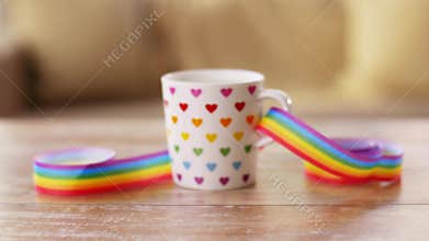 Cup of hot drink with gay pride awareness ribbon