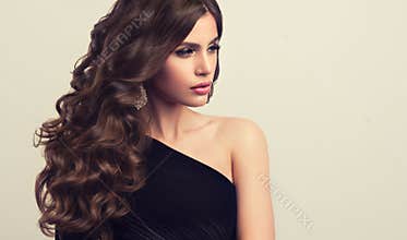 Brown haired woman with voluminous, shiny and curly hairstyle.Frizzy hair.