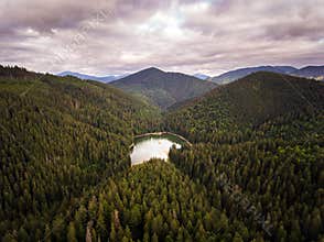Aerial view of Lake Synevir in Carpathian Mountains in Ukraine