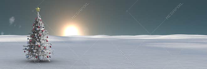 Christmas tree in winter landscape with sunrise