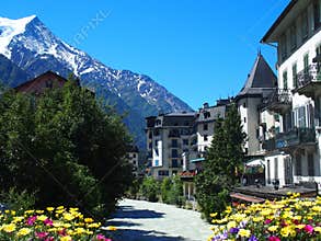 CHAMONIX MONT BLANC village with high alpine mountains range landscape in french ALPS