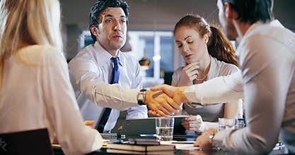 Corporate business team work office meeting. Four caucasian businessman and businesswoman people group talking strategy