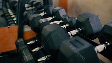 Rows of dumbbells in the gym, specular background