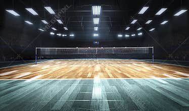 Empty professional volleyball court in lights