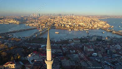 The Blue Mosque Sultanahmet in Istanbul, Turkie. Aerial drone view Shot. Blue sky, sunset.