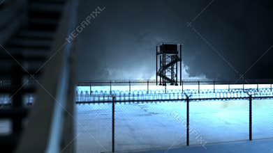 Border Fence with Two Watchtowers on a Stormy Night