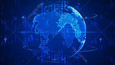 Abstract dark background with global world and dot lighting for cyber technology futuristic concept blur and grain processed