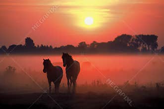 Horses Sunrise mist