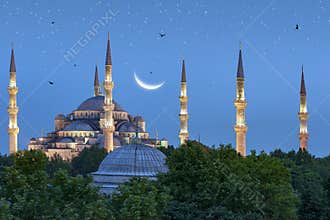 Beautiful crescent moon over Blue Mosque in Istanbul, Turkey