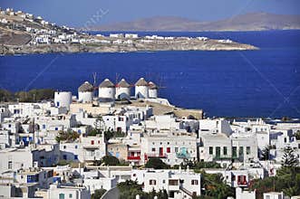 Chora Mykonos on the background of the sea.