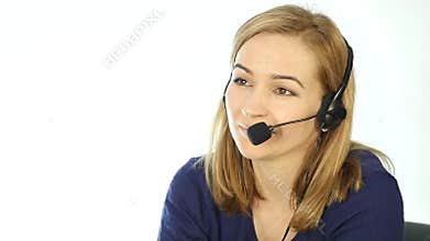 Employee working in a call center. Headset telemarketing woman talking on helpline. slow motion