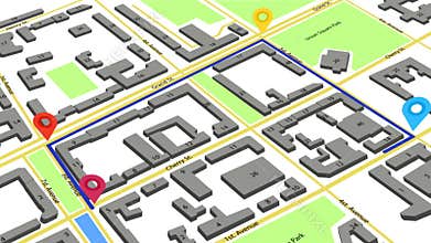 3d animation of a route with colored markers on an abstract city map.