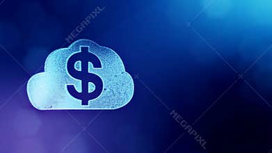 Dollar sign in emblem of cloud. Finance background of luminous particles. 3D loop animation with depth of field, bokeh