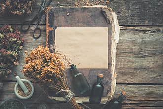 Tincture bottles, assortment of dry healthy herbs, old books, mortar, scissors. Herbal medicine.