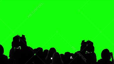 Many camera operators, reporters working at press event, chroma key background