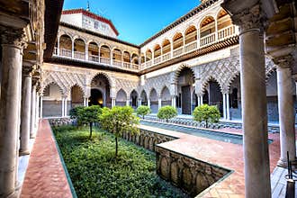 SEVILLE, SPAIN: Real Alcazar in Seville. Patio de las Doncellas in Royal palace, Real Alcazar built in 1360