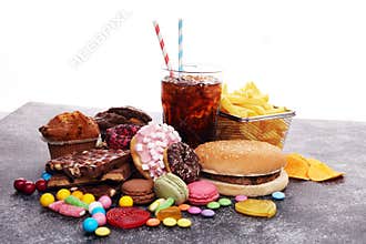 Unhealthy products. food bad for figure, skin, heart and teeth.