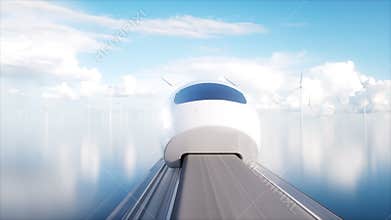 Speedly Futuristic monorail train . Concept of future. People and robots. Water and wind energy. Realistic 4K animation.