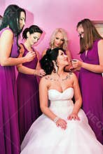 Beautiful Bride together with 4 bridesmaids in violet similar dresses