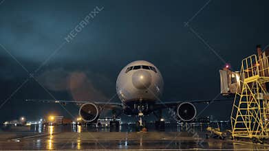 View to the cockpit and engines of parked airliner in airport at night