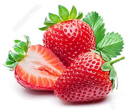 Three strawberries with strawberry leaf on white background.