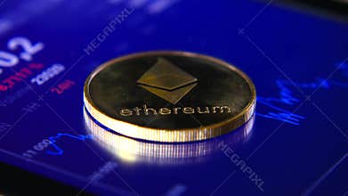 Gold coins of the ethereum on the background of a graphic stock chart. The Concentration of the Crypto-Currency of