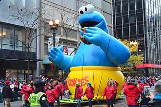 Chicago, Illinois - USA - November 24, 2016: Cookie Monster Balloon in McDonald`s Thanksgiving Street Parade