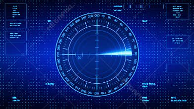Sonar Screen For Submarines And Ships. Radar Sonar With Object On Map. Futuristic HUD Navigation monitor