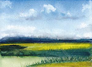 Watercolor painting of summer landscape with mountains, blue sky, clouds, green glade. Abstract hand painted background. Textured