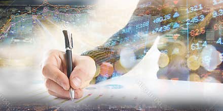 Finance, banking concept. businessman signs documents. Abstract image of Financial system with selective focus, toned