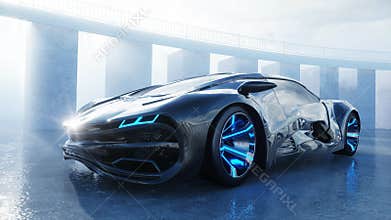 Black futuristic electric car on seafront. Urban fog. Concept of future. 3d rendering.