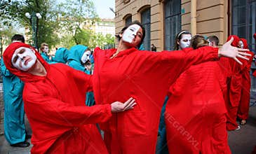 Street theatre. open street costumed performance of young actors.