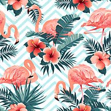 Beautiful Flamingo Bird and Tropical Flowers Background. Seamless pattern vector.