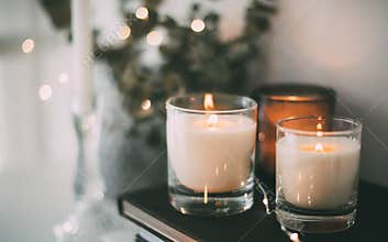 Cozy home interior decor, burning candles