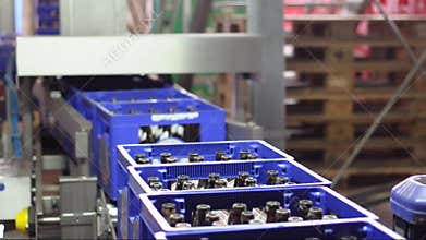 Conveyor belt of a brewery - beer bottles in production and bottling