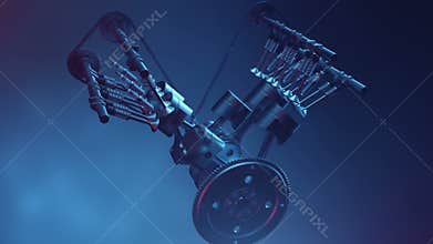 V6 engine inside, animation in motion, pistons, camshaft, chain, valves and other mechanical parts car. Illustration of
