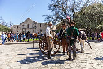SAN ANTONIO, TEXAS - MARCH 2, 2018 - Men dressed as 19th century soldiers participate in the reenactment of the Battle of the Alam