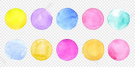 Color watercolor circle set. Vector smear watercolour splash stain on transparent background.