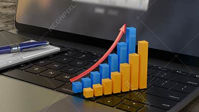 Growing 3D financial graph on laptop keyboard, financial statistics, analytics