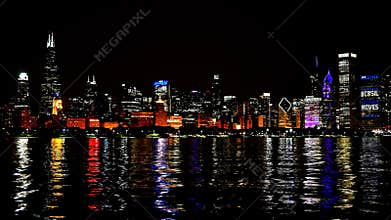 Chicago Skyline Reflected on the Lake at Night Panoramic