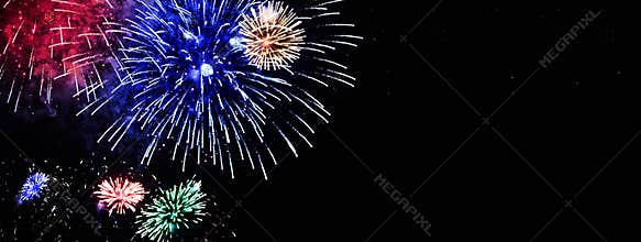 Bouquet of colorful fireworks flowers displayed on the night sky