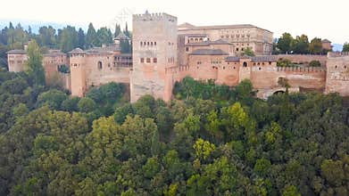 Spain castle Alhambra. Palace and fortress complex located in Granada, Andalusia. aerial video footage from drone. the