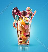 Monster shake, freak caramel shake isolated. Colourful, festive milk shake cocktail with sweets, jelly. Colored caramel