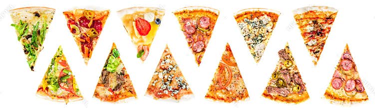 set of a slice of delicious fresh Italian pizza isolated on a white background