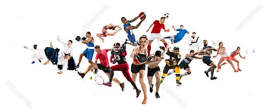 Sport collage about kickboxing, soccer, american football, basketball, ice hockey, badminton, taekwondo, tennis, rugby