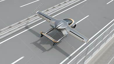 Futuristic flying car landing on highway